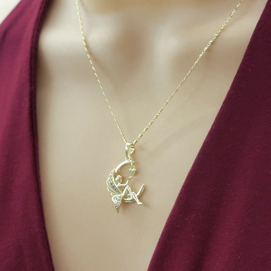 Necklaces - 14K Gold Plated. Fairy in the Moon touching a Heart Pendant & Chain. CZ Crystal