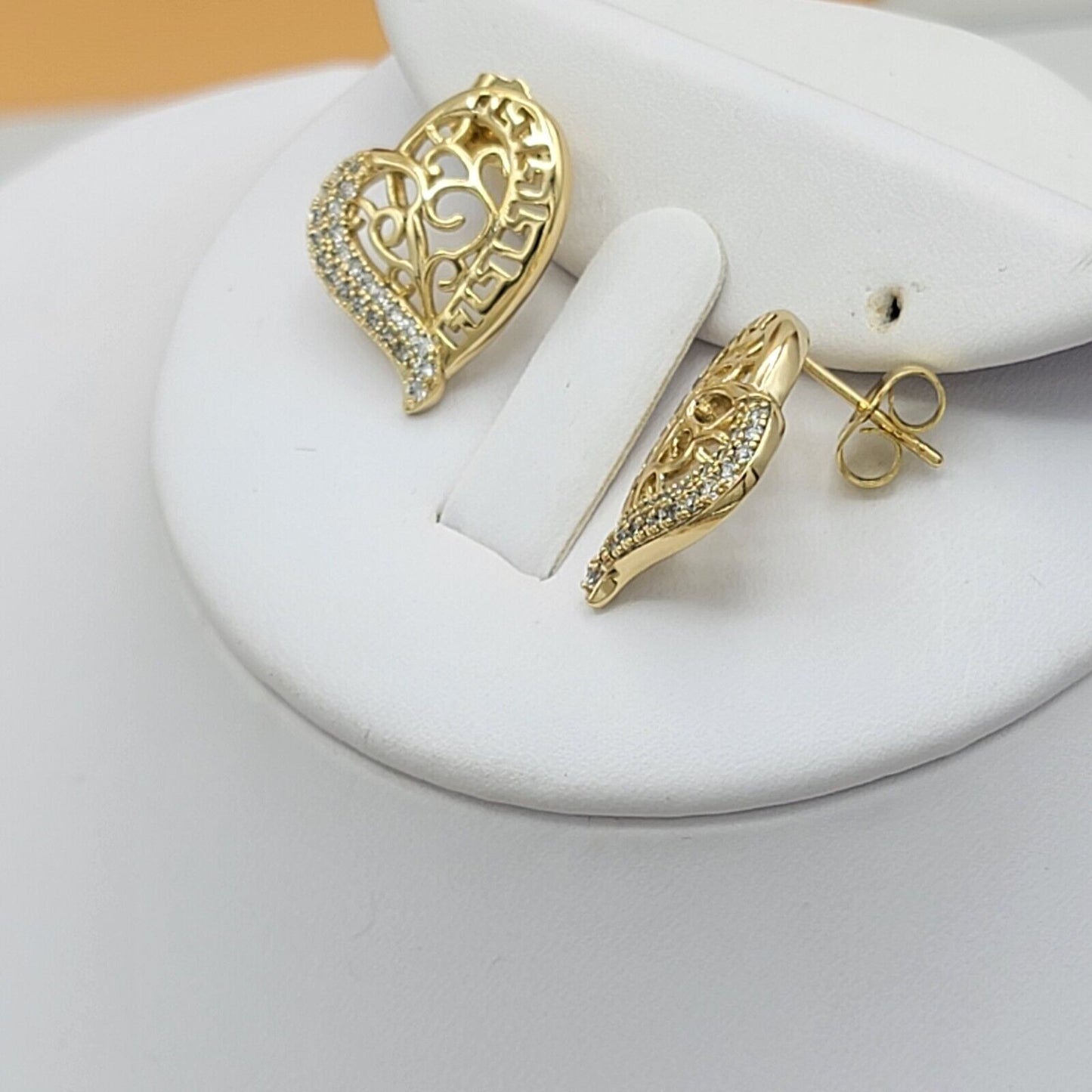 Sets - 14K Gold Plated. Heart Greek Design Crystals Pendant - Chain - Earrings Set