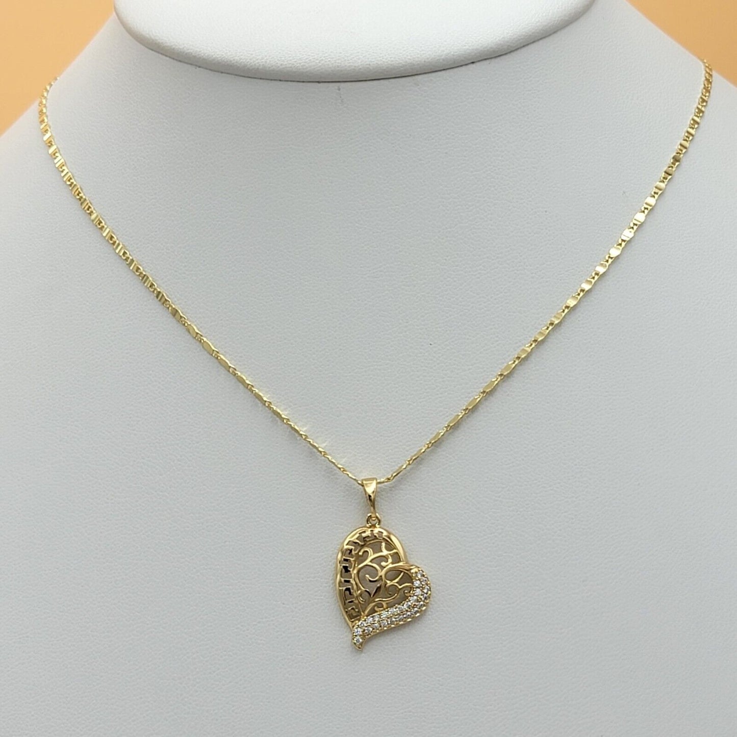 Sets - 14K Gold Plated. Heart Greek Design Crystals Pendant - Chain - Earrings Set