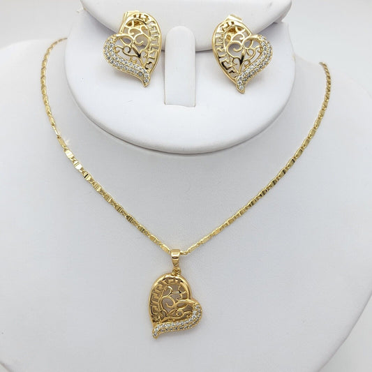 Sets - 14K Gold Plated. Heart Greek Design Crystals Pendant - Chain - Earrings Set