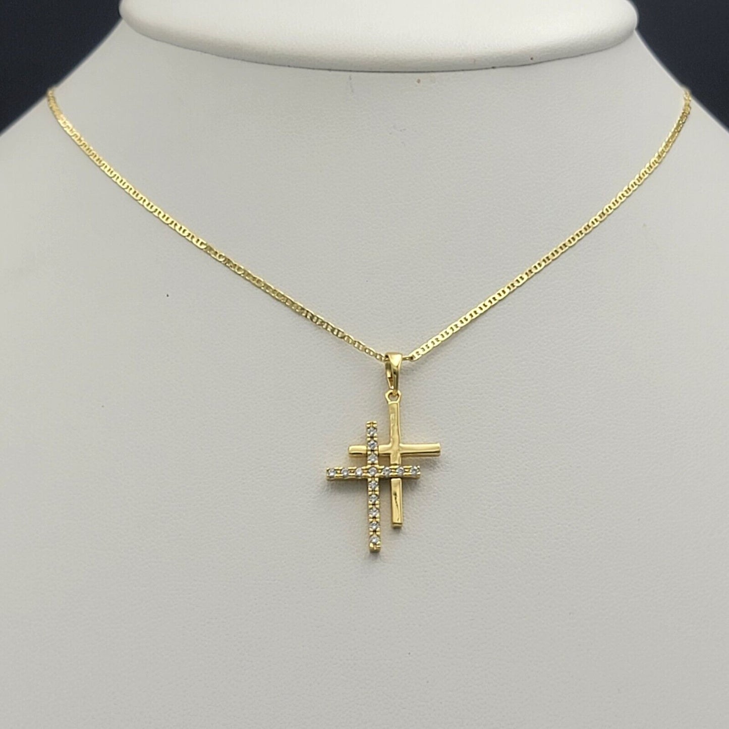 Necklaces - 14K Gold Plated. Double Cross Clear Crystals Pendant & Chain.