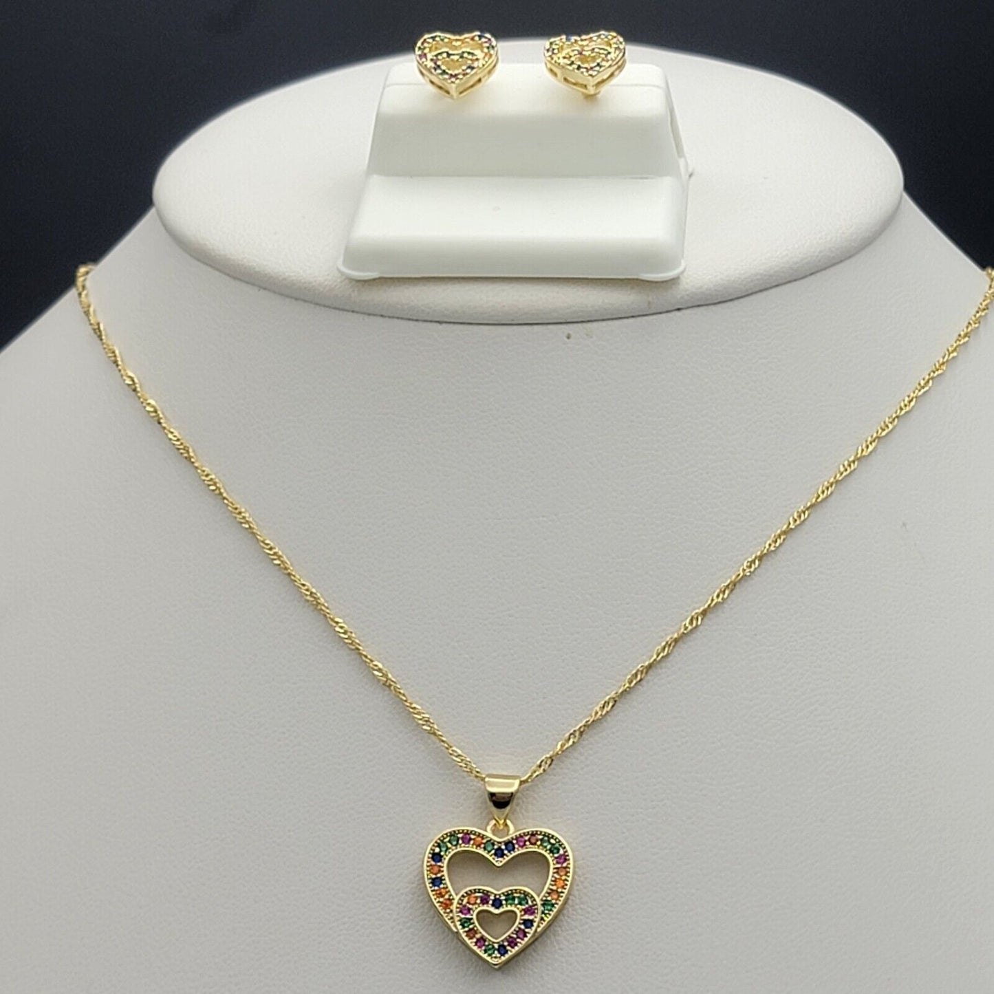 Sets - 14K Gold Plated. Double Heart Multicolor Crystals Set.