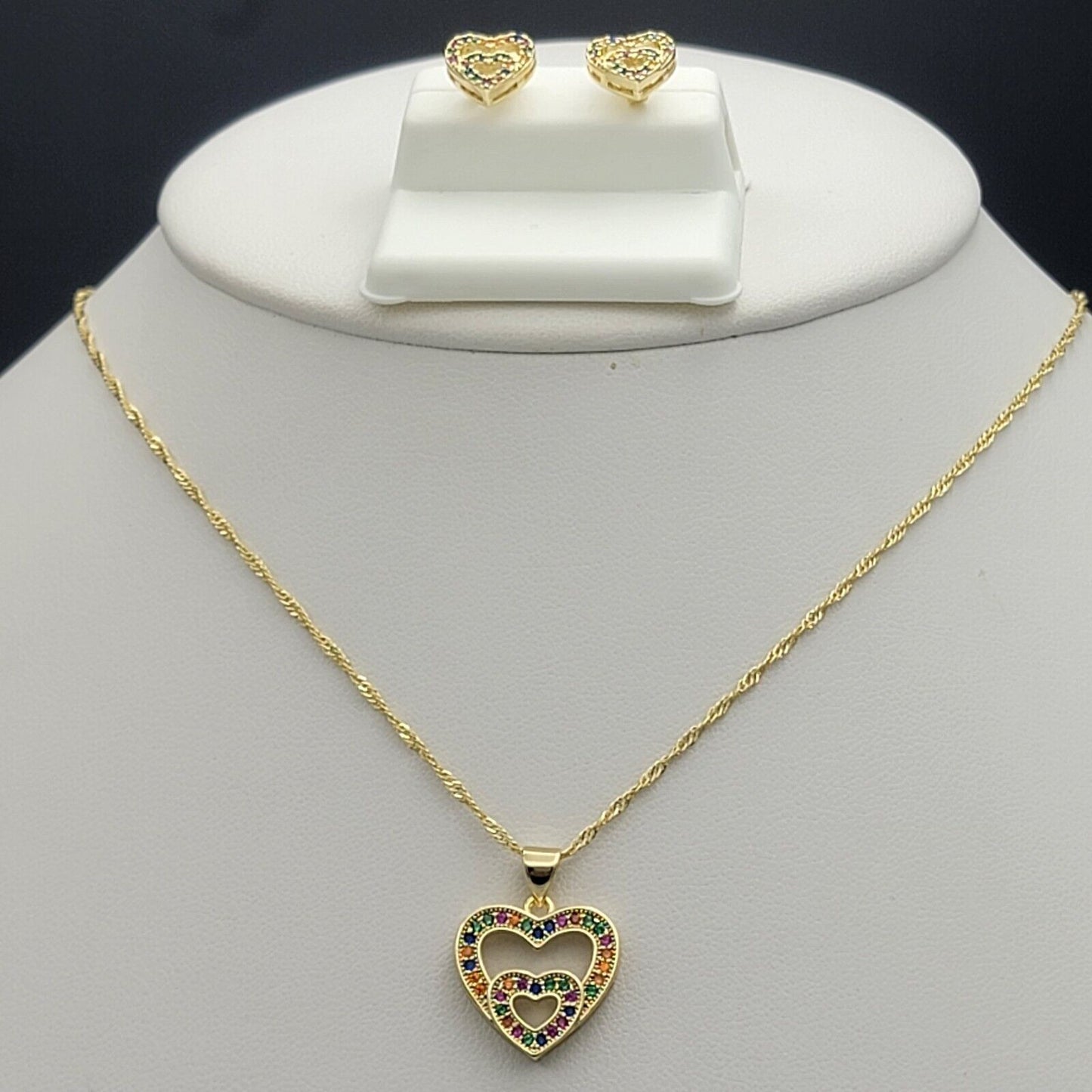 Sets - 14K Gold Plated. Double Heart Multicolor Crystals Set.