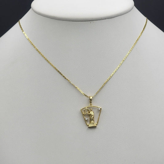 Necklaces - 14K Gold Plated. Lady Scale of Justice Statue Crystal Pendant & Chain.