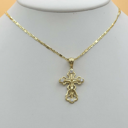 Necklaces - 14K Gold Plated. Crucifix Cross Pendant & Chain.