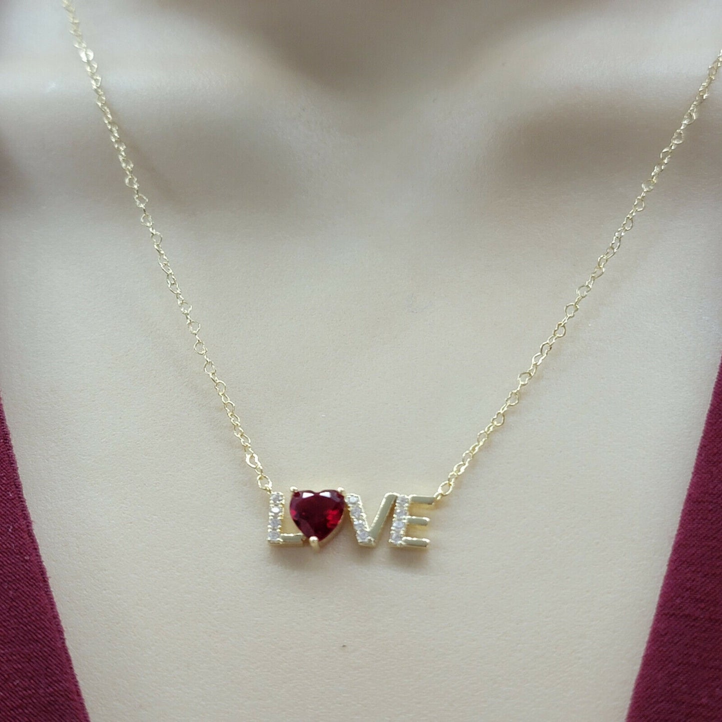 Necklaces - 14K Gold Plated. LOVE Word Red Heart Cubic Zirconia CZ Crystal Necklace.