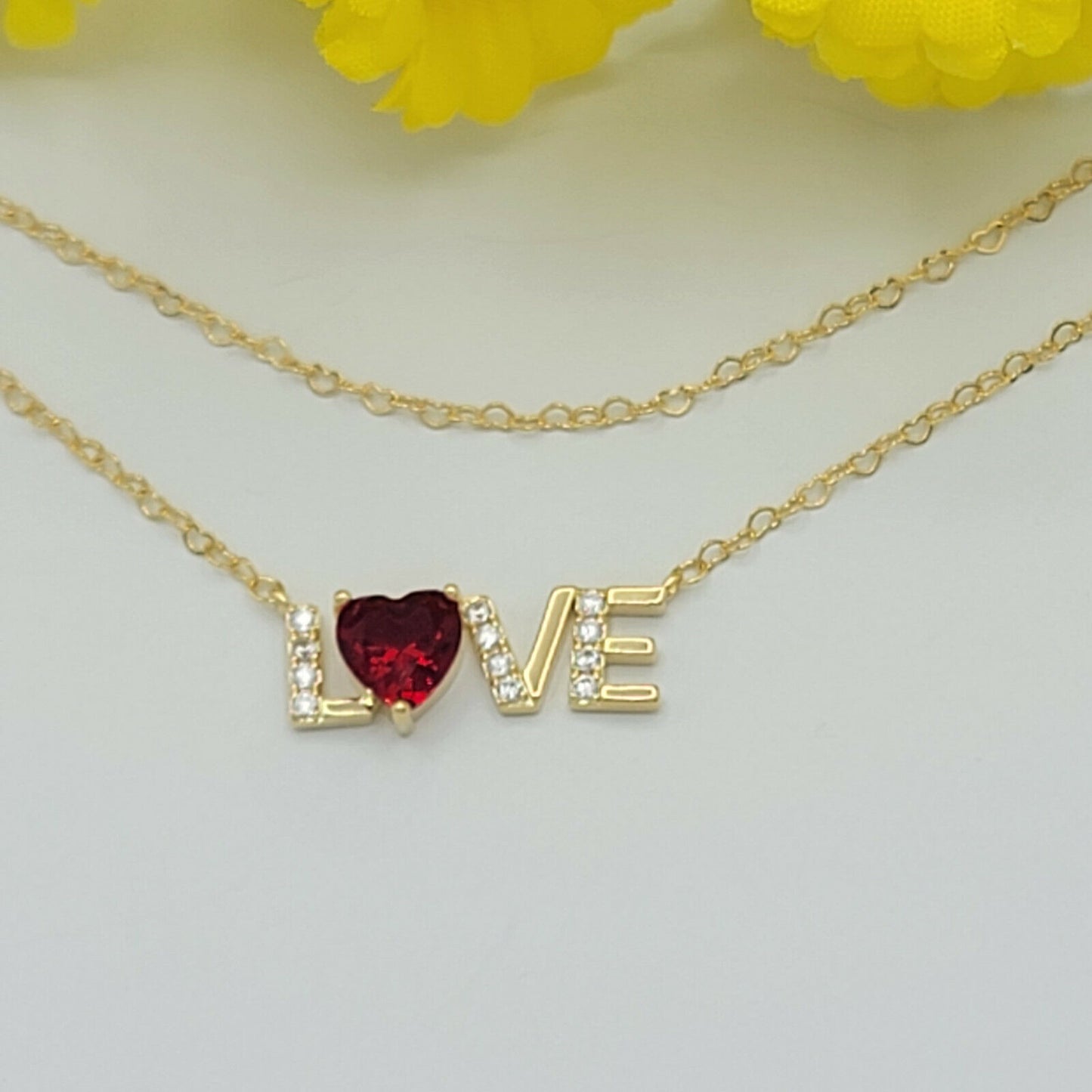 Necklaces - 14K Gold Plated. LOVE Word Red Heart Cubic Zirconia CZ Crystal Necklace.