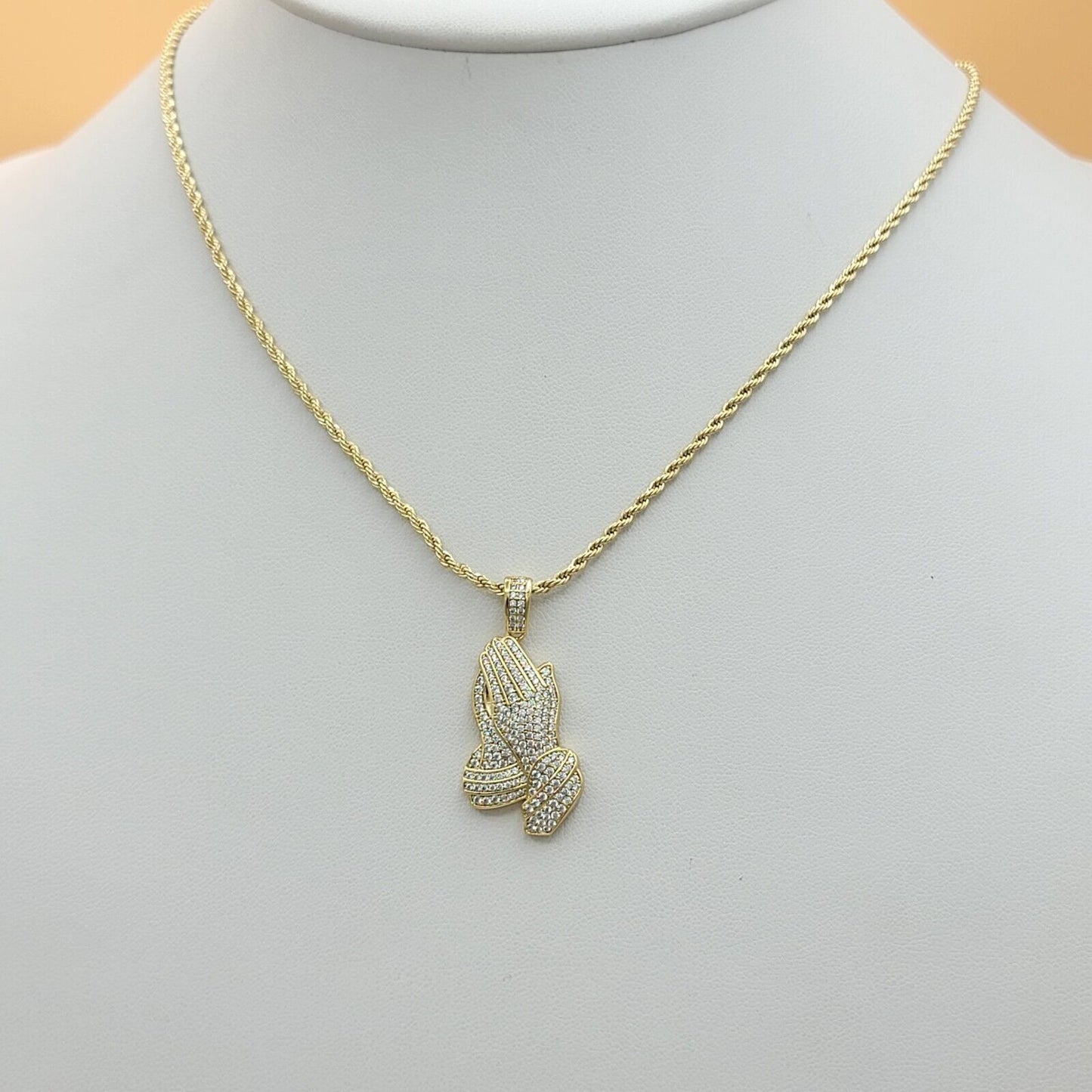 Necklaces - 14k Gold Plated. Praying Hands LET'S PRAY Pendant & Chain.