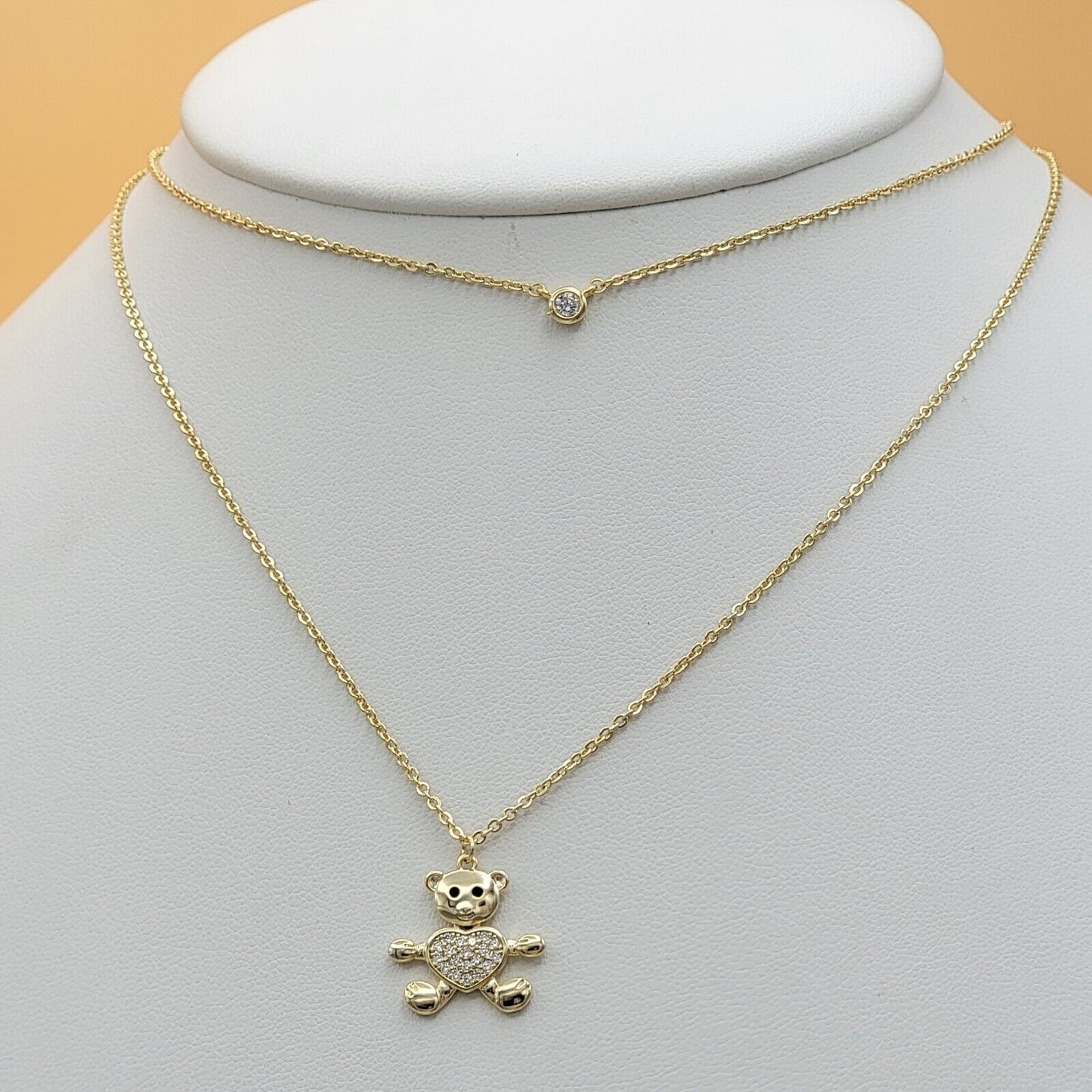 Necklaces - 14K Gold Plated. Double Chain Necklace Bear w crystal heart charm.