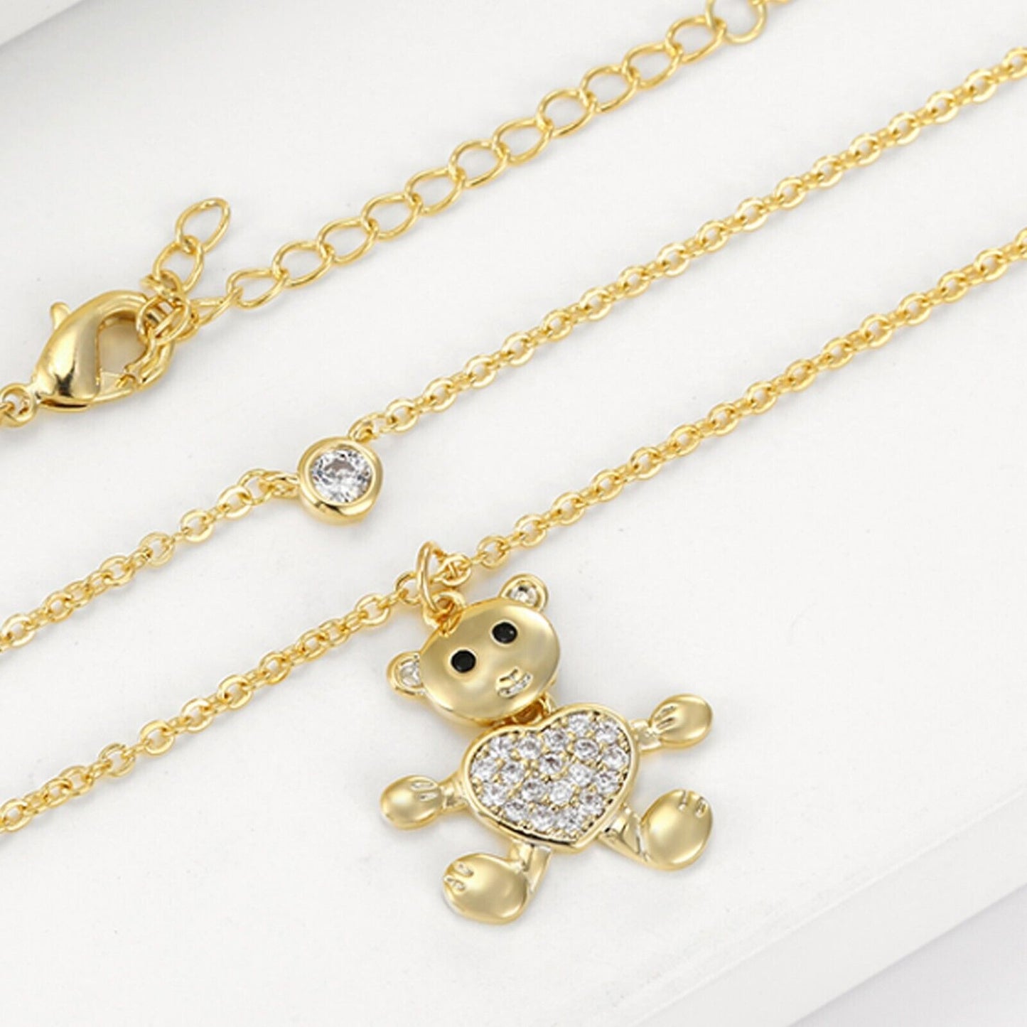 Necklaces - 14K Gold Plated. Double Chain Necklace Bear w crystal heart charm.