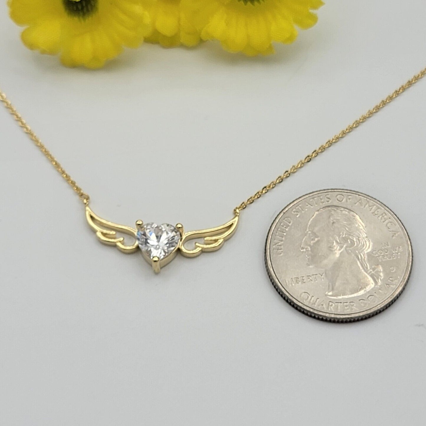 Necklaces - 14K Gold Plated. Crystal Heart W Angel Wings- Protection Necklace