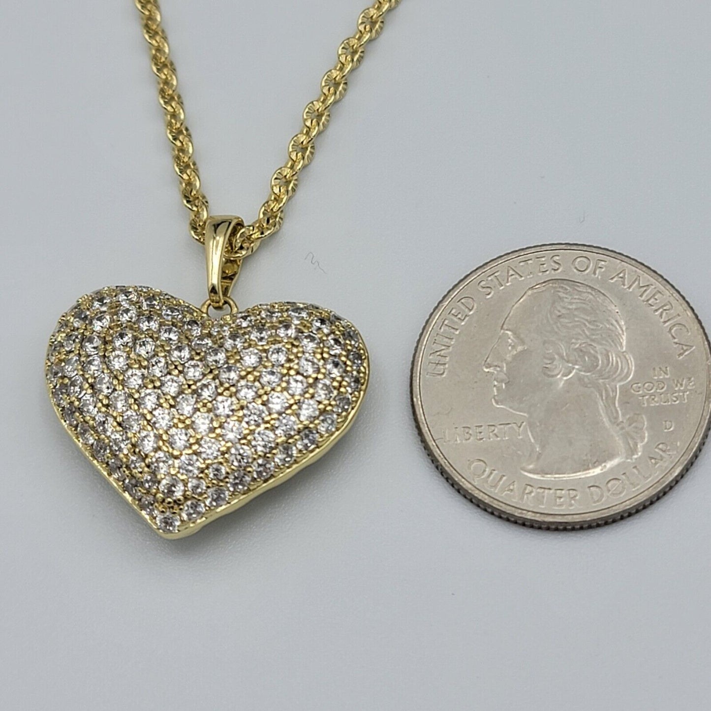 Necklaces - 14K Gold Plated. Crystal Puffed Icy LOVE HEART Pendant & Chain.