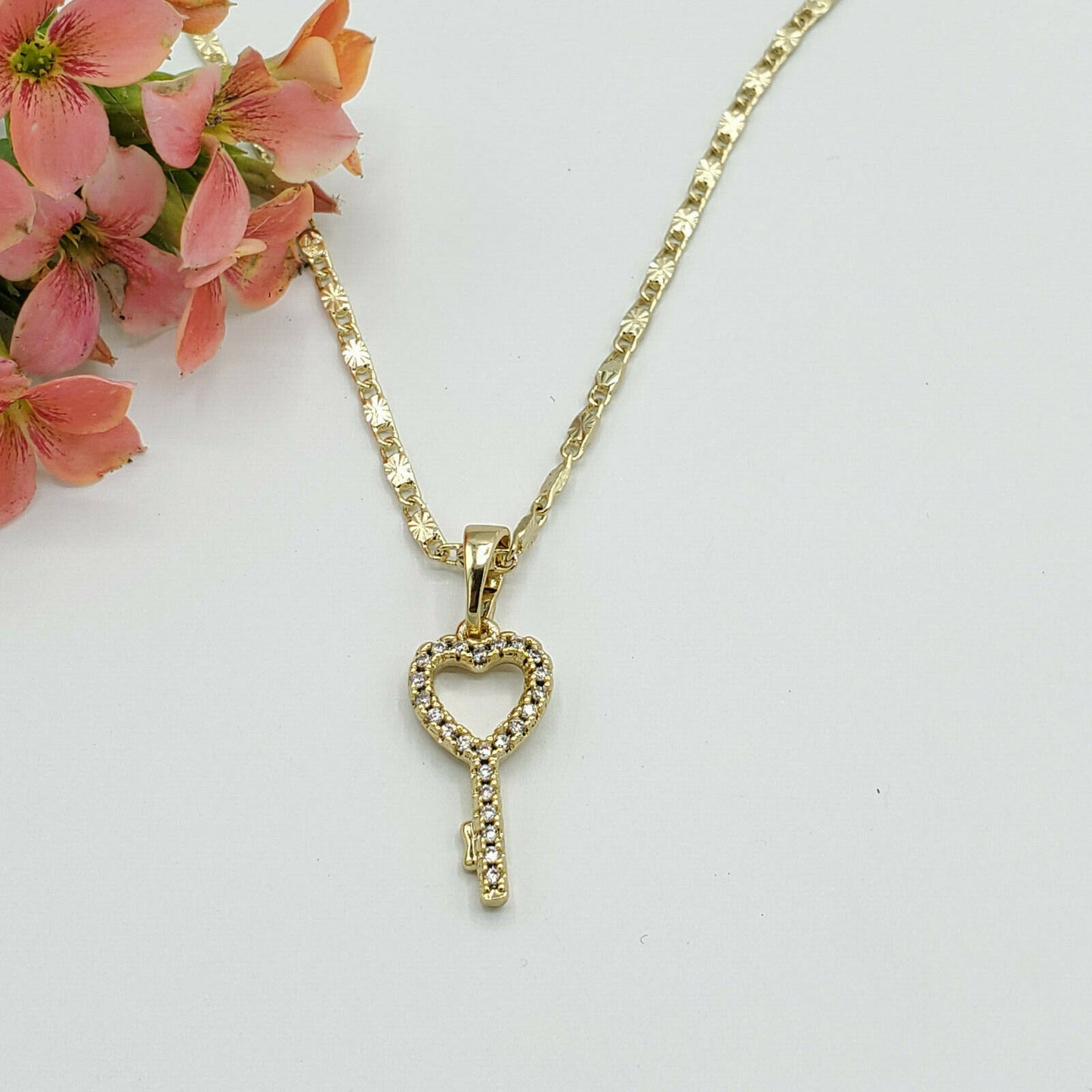 Necklaces - 14K Gold Plated. Love Heart Key Pendant & Chain. 520 Love Gift