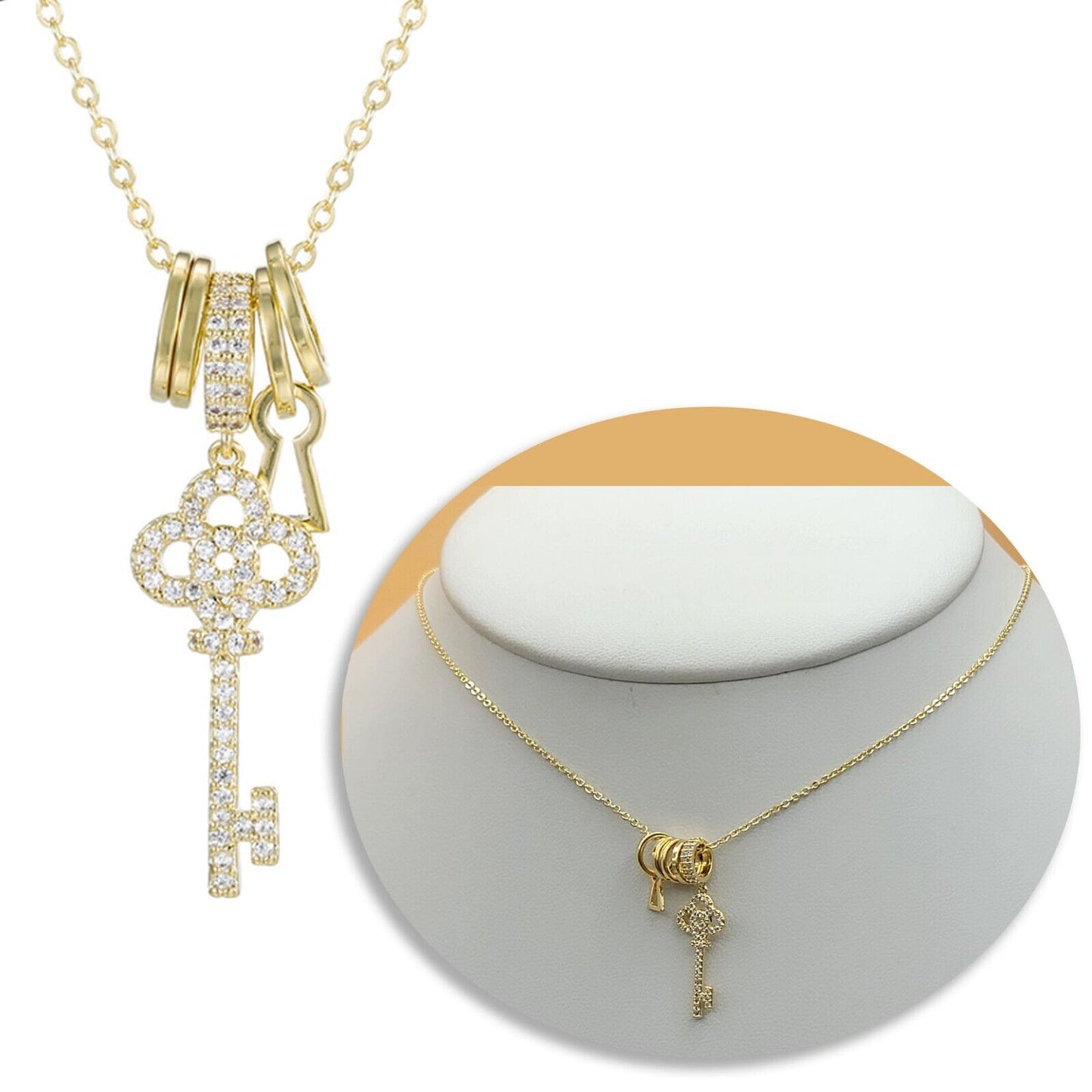 Necklaces - 14K Gold Plated. CZ Key Pendant Charms & chain. Necklace Freedom