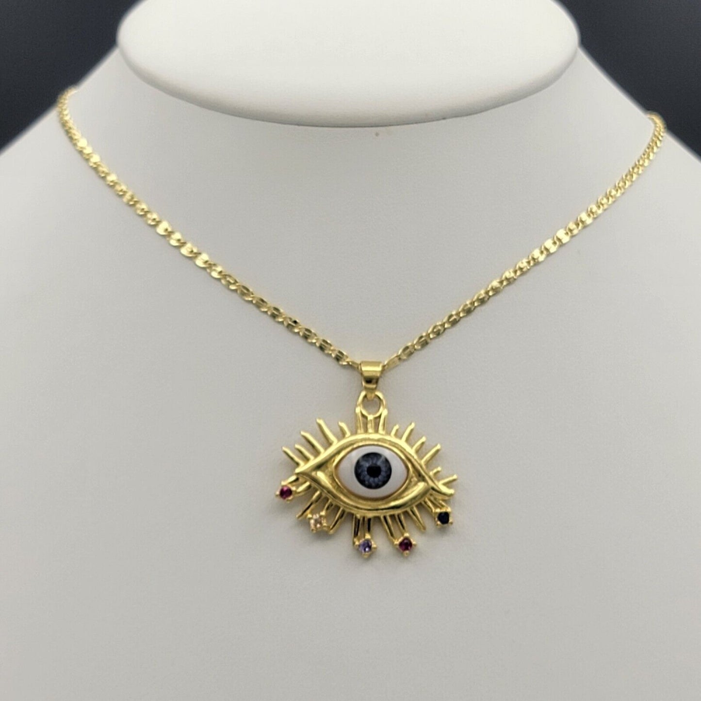 Necklaces - 14K Gold Plated. Blue Eye Pendant & Chain.