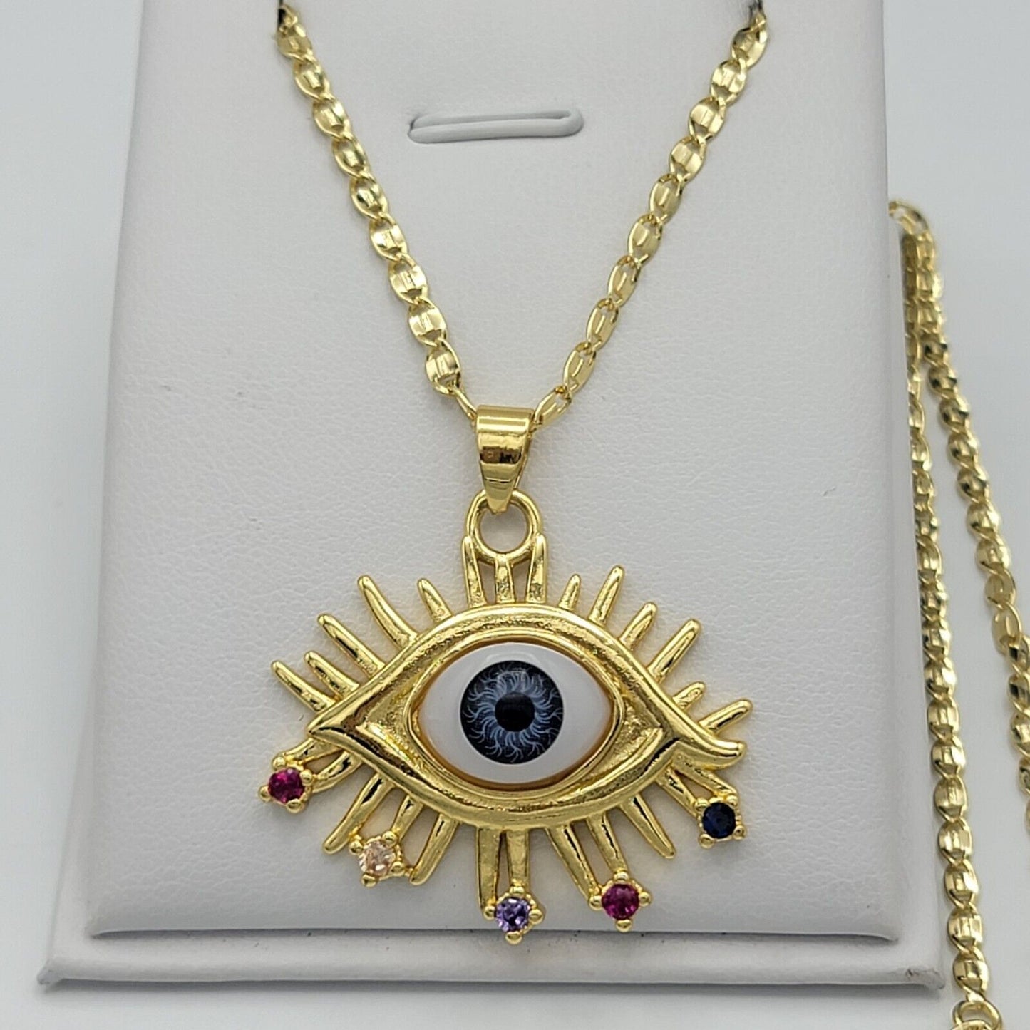 Necklaces - 14K Gold Plated. Blue Eye Pendant & Chain.