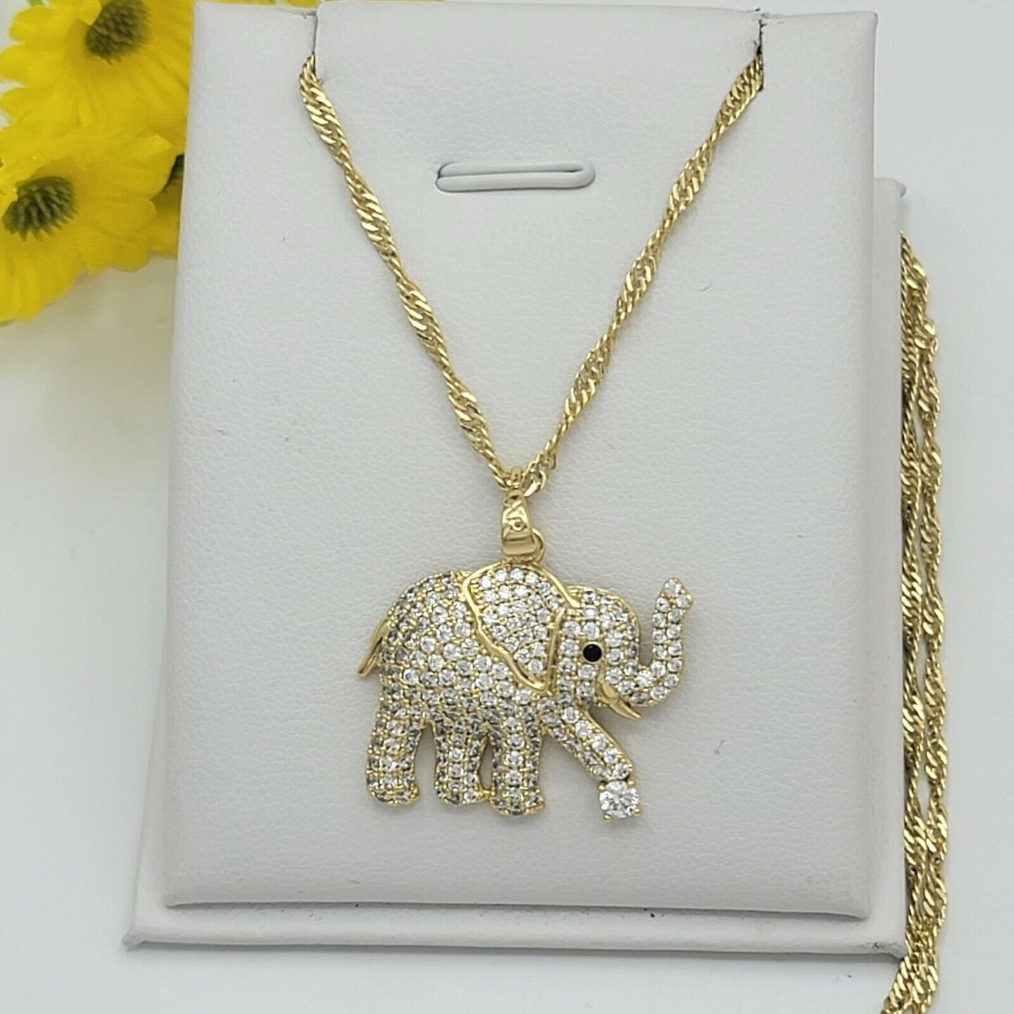 Necklaces - 14K Gold Plated. Elephant with CZ Pendant & Chain.
