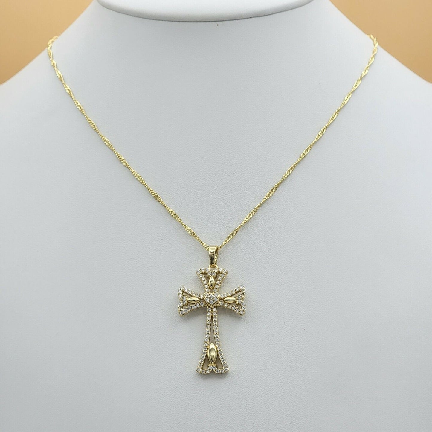 Necklaces - 14K Gold Plated. Icy Crystal CROSS HEART Pendant & Chain.