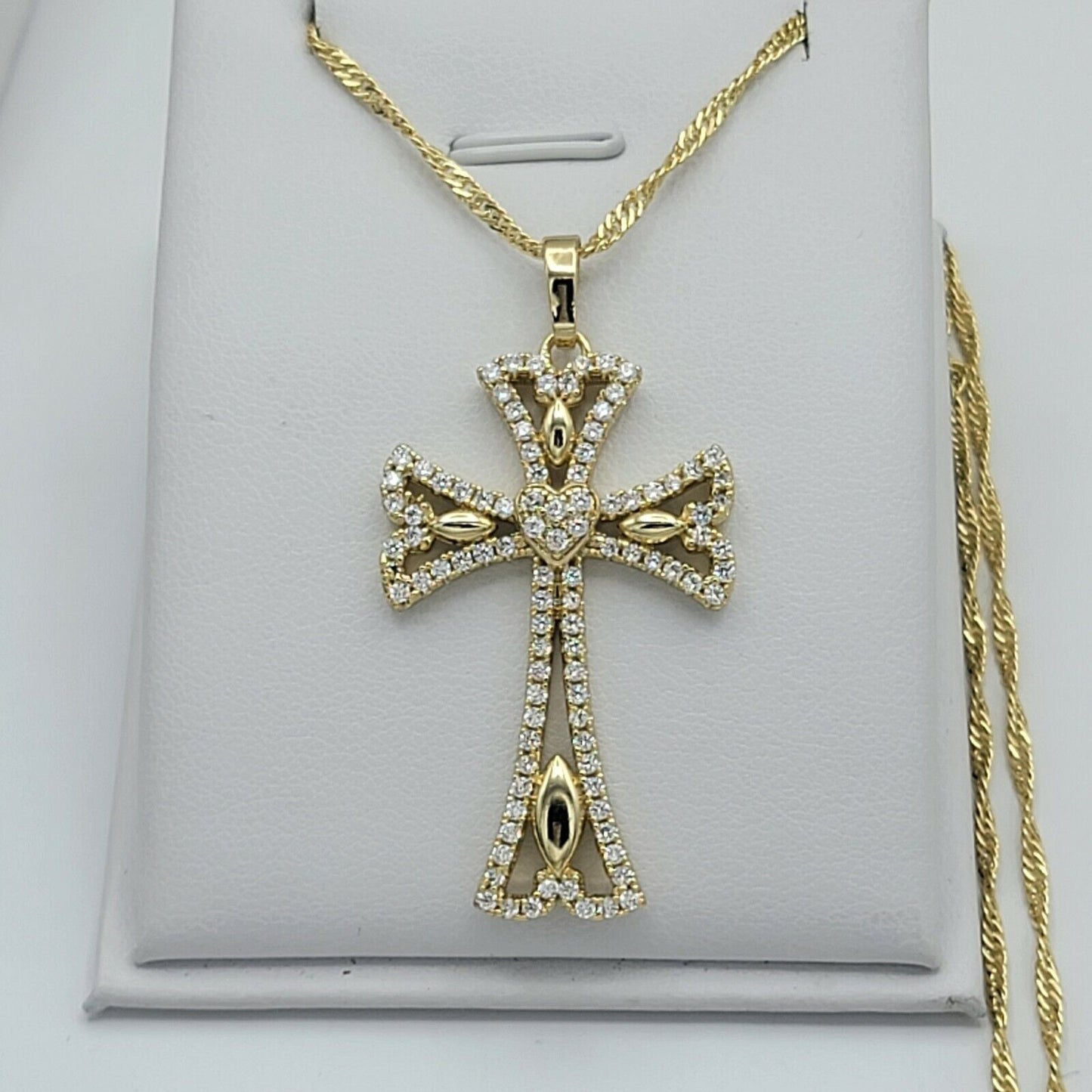 Necklaces - 14K Gold Plated. Icy Crystal CROSS HEART Pendant & Chain.