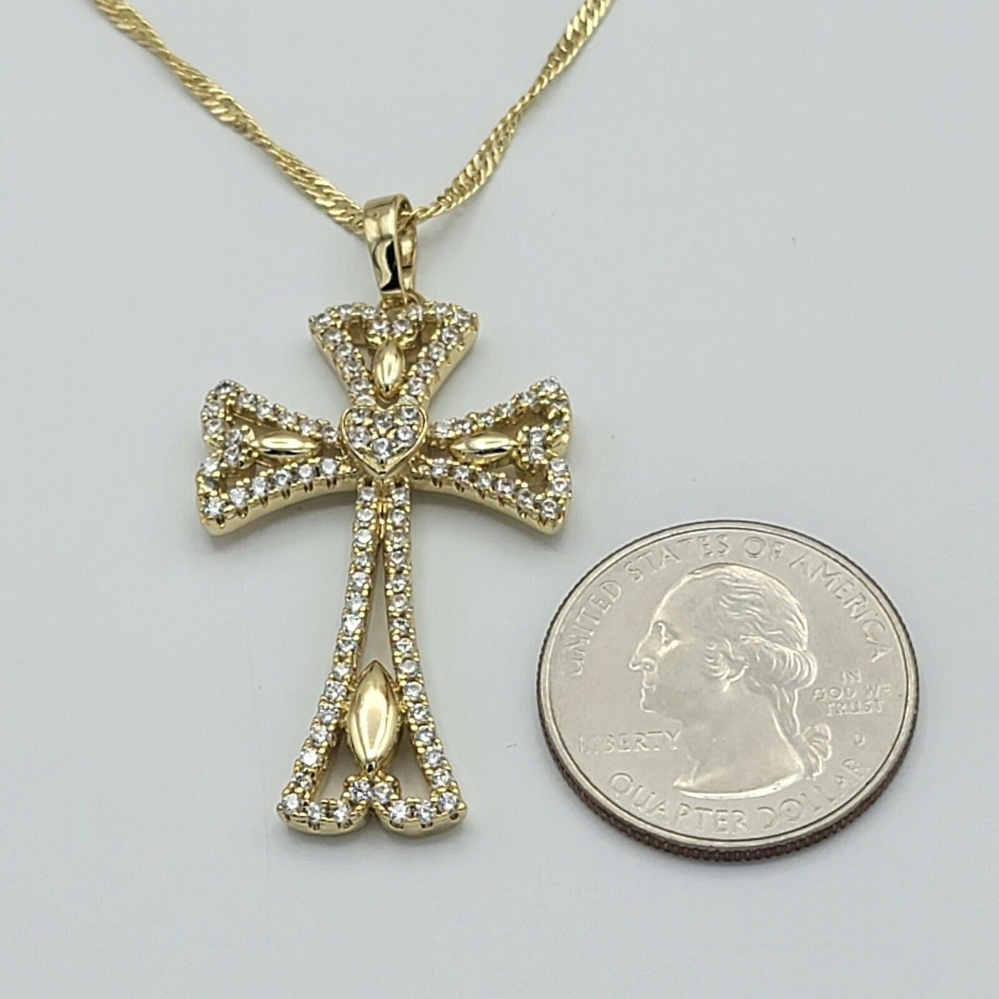 Necklaces - 14K Gold Plated. Icy Crystal CROSS HEART Pendant & Chain.