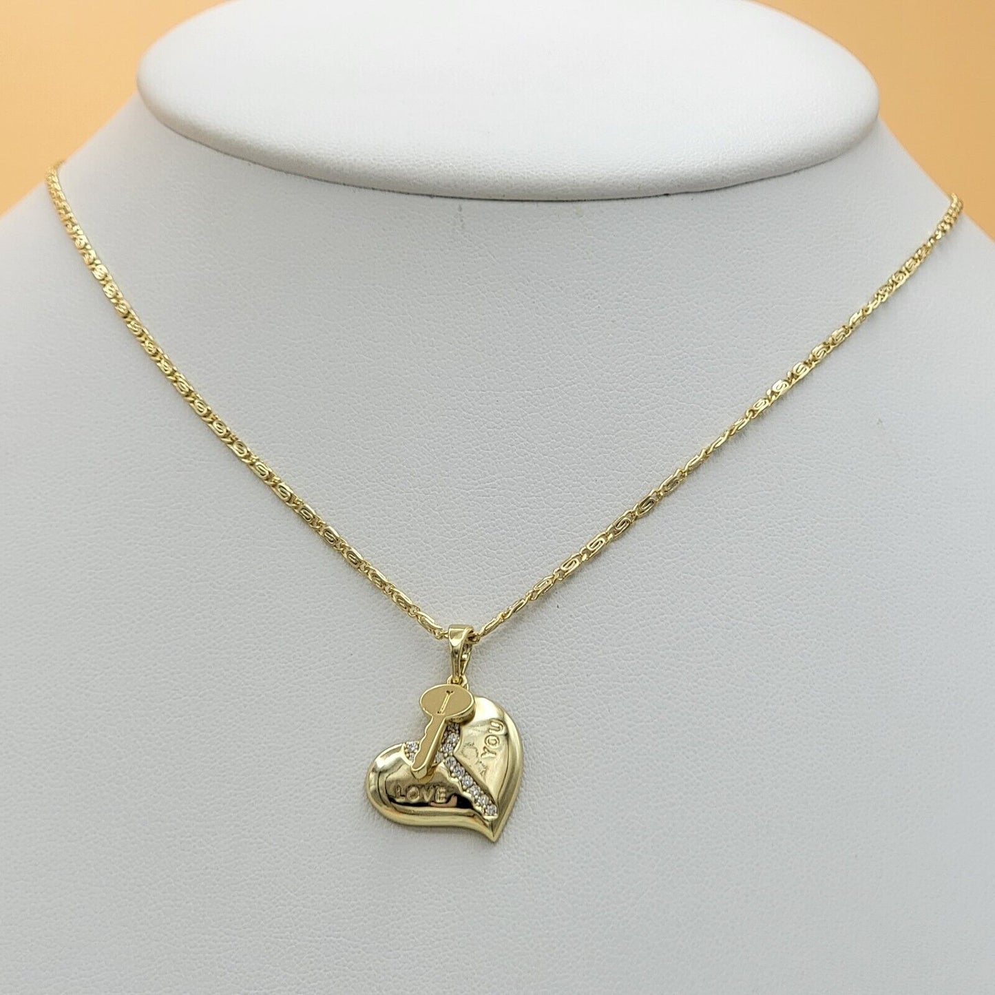 Necklaces - 14K Gold Plated. Crystal Key HEART Love You Pendant & Chain.