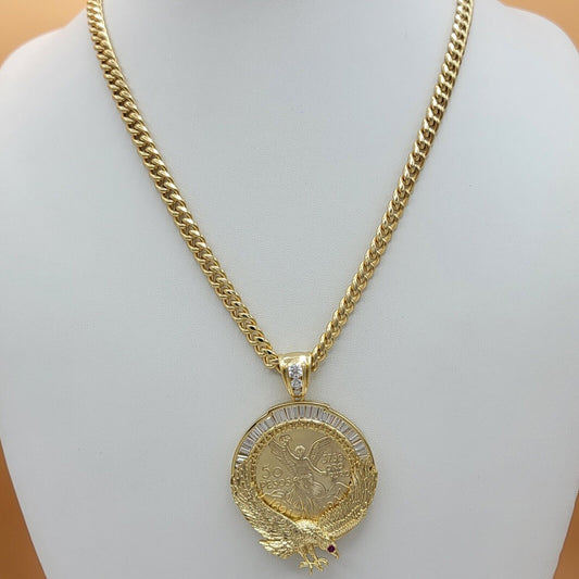 Necklaces - 14K Gold Plated. Centenario MEX Moneda 50 Pesos CZ Pendant & Chain.