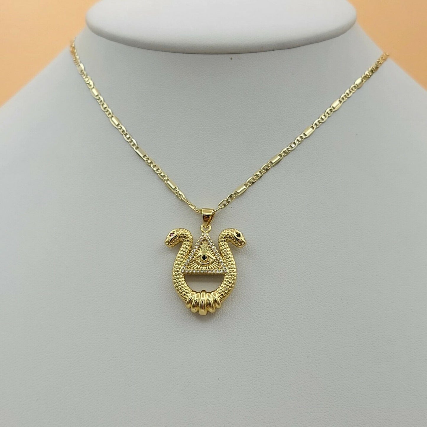 Necklaces - 14K Gold Plated. Double Head Snake Eye Providence Divine Vision Pendant & Chain.