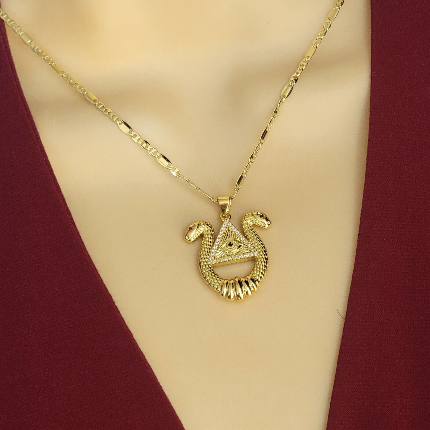 Necklaces - 14K Gold Plated. Double Head Snake Eye Providence Divine Vision Pendant & Chain.
