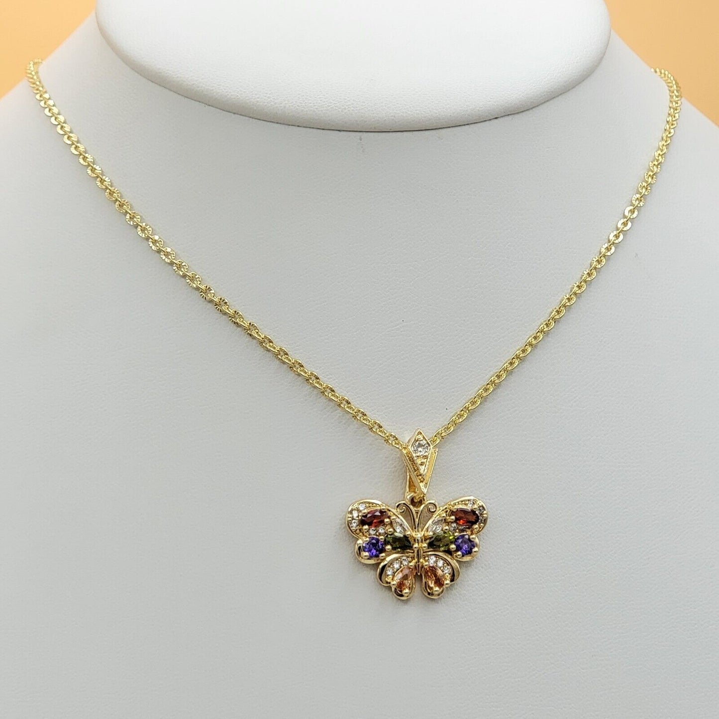 Necklaces - 14K Gold Plated. Multicolor Crystals Butterfly Pendant & Chain.