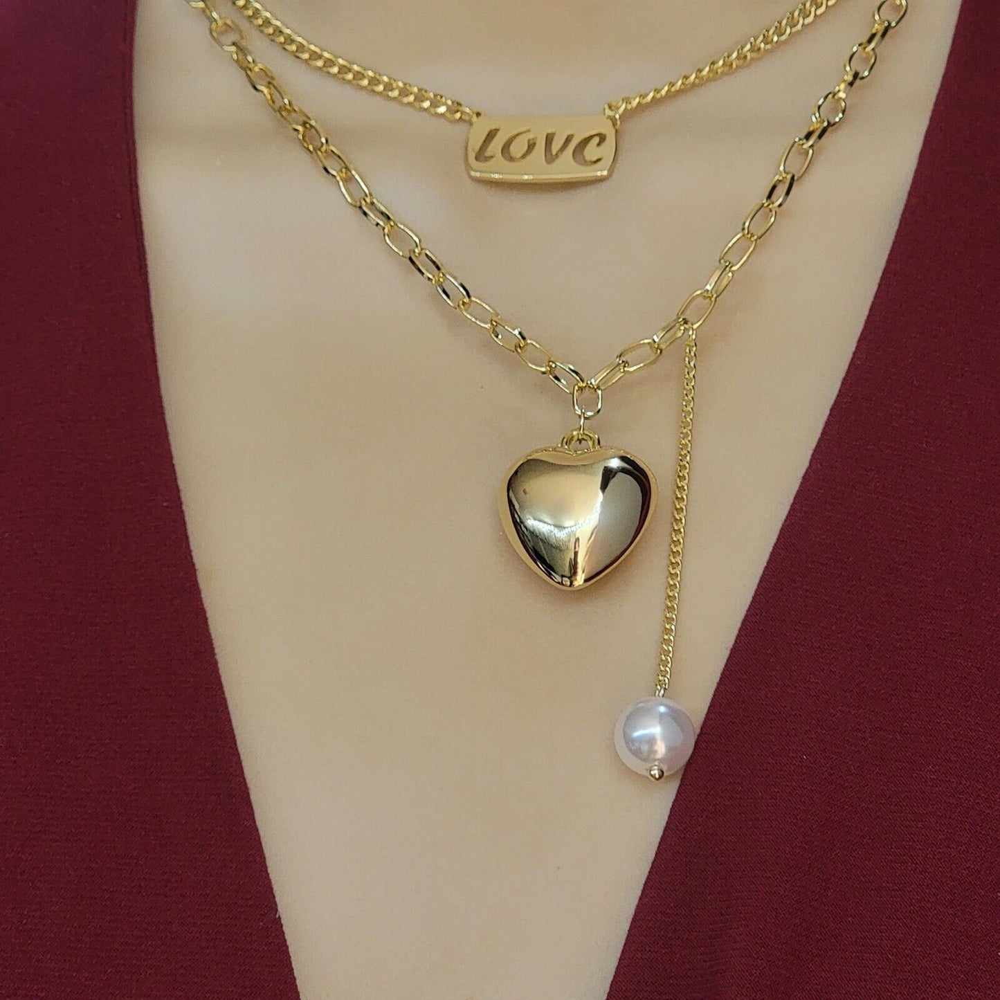 Necklaces - 14K Gold Plated. Love & Heart Double Layer Necklace. 2 Chains - Choker