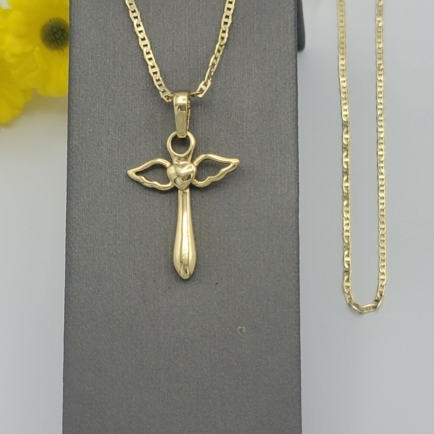 Necklaces - 14K Gold Plated. Cross with Wings Heart Angel Pendant & Chain.