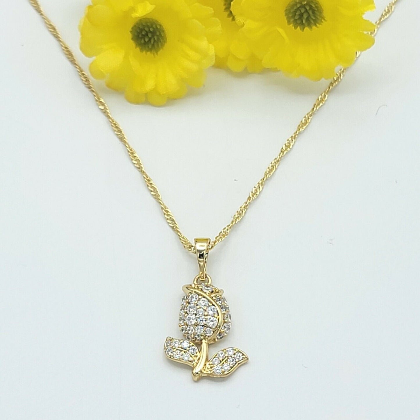 Necklaces - 14K Gold Plated. Icy Rose Flower Pendant & Chain.