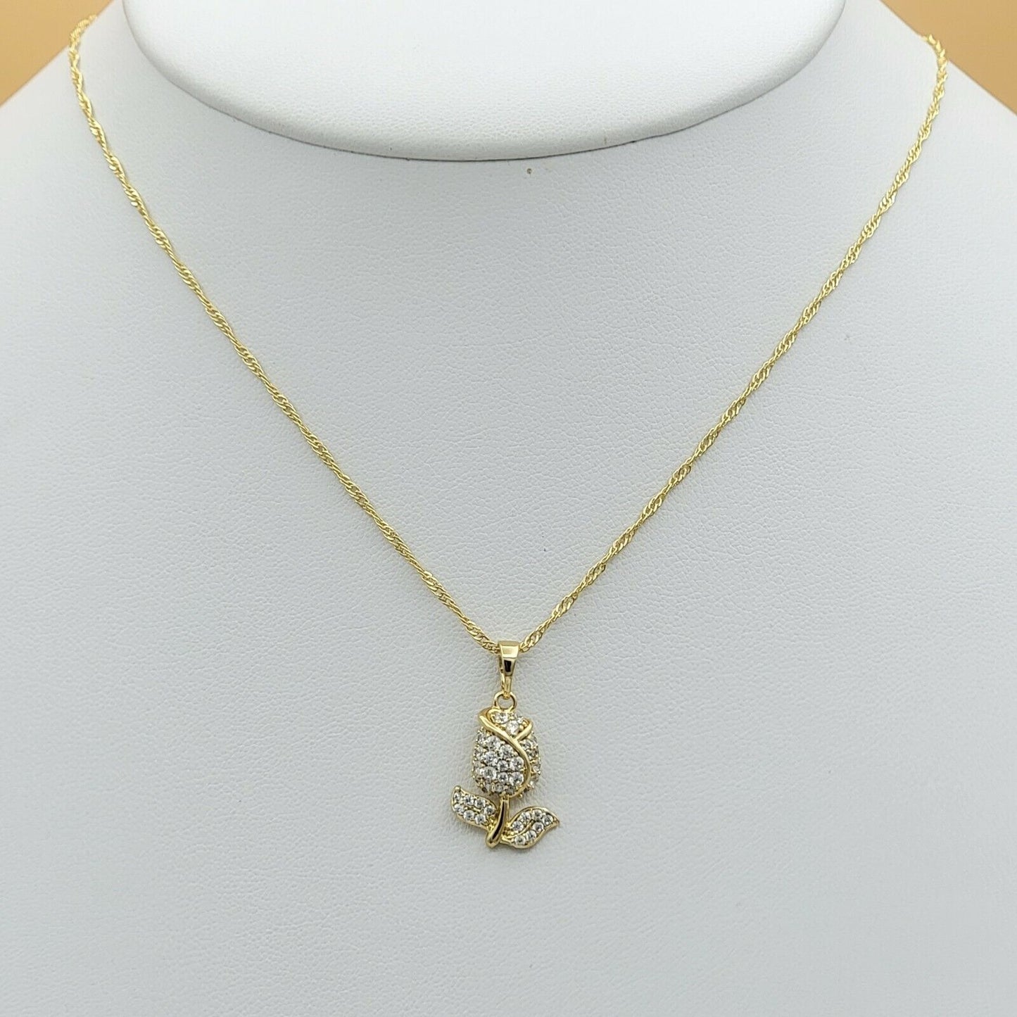 Necklaces - 14K Gold Plated. Icy Rose Flower Pendant & Chain.