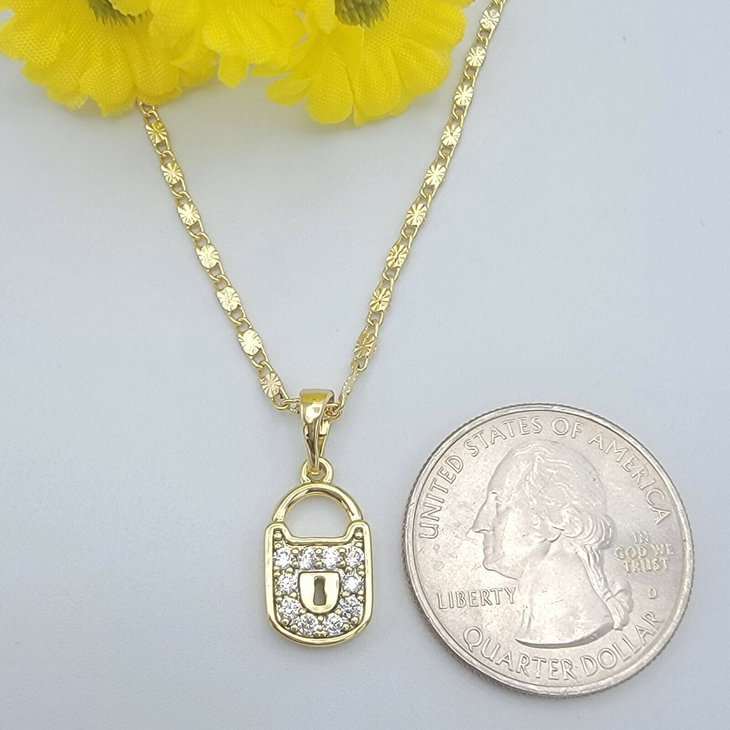Necklaces - 14K Gold Plated. Lock Padlock Charm Pendant & Chain.