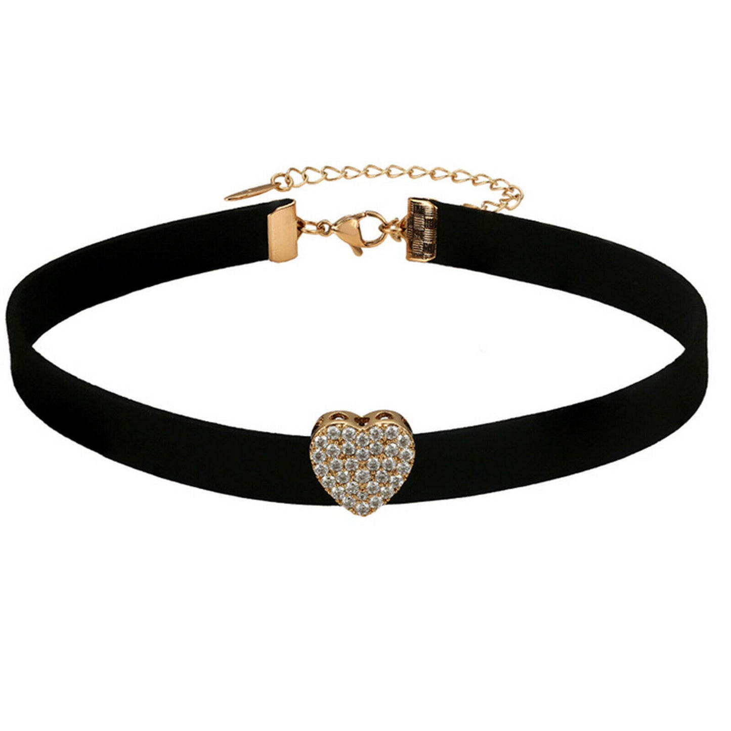 Necklaces - 18K Gold Plated. Icy Heart Choker Collar Necklace Velvet Black cord Lobster Clasp