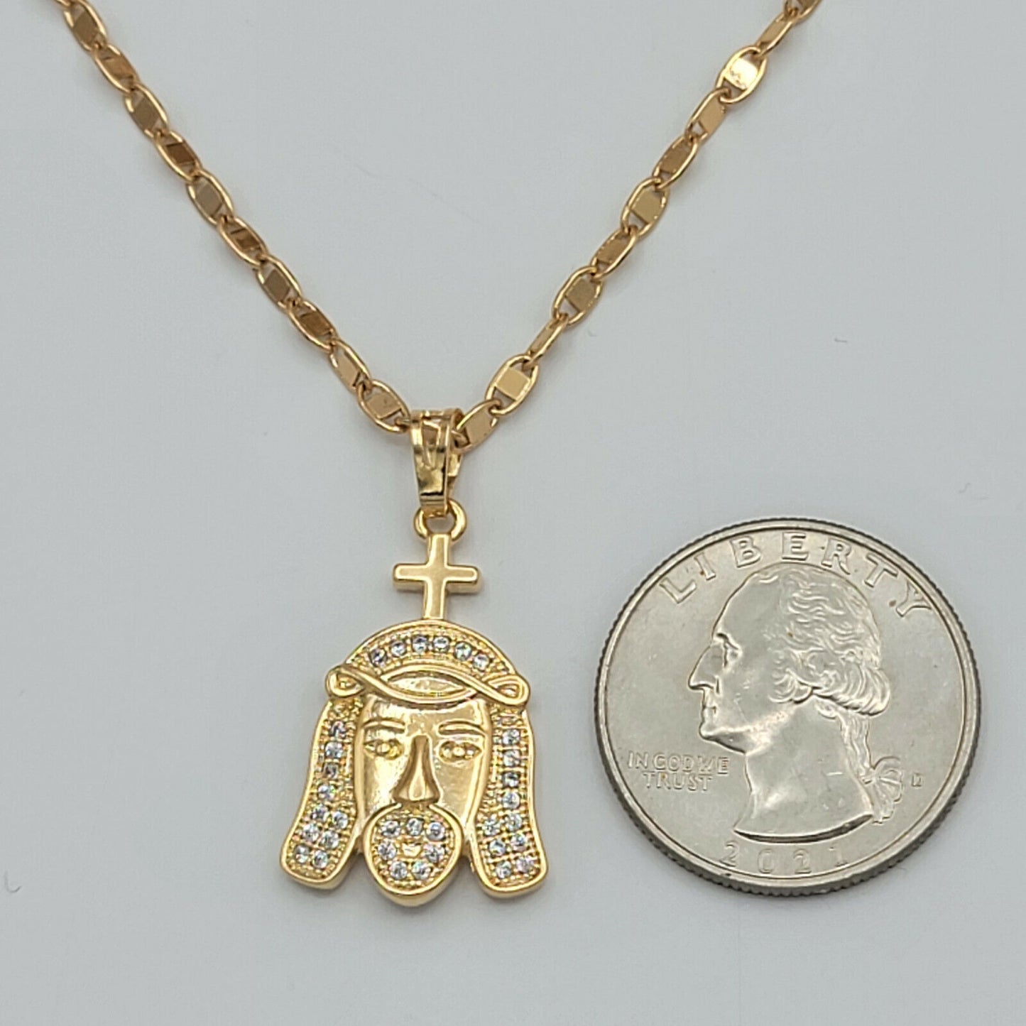 Necklaces - 18K Gold Plated. Cz Jesus Face Pendant & Chain.