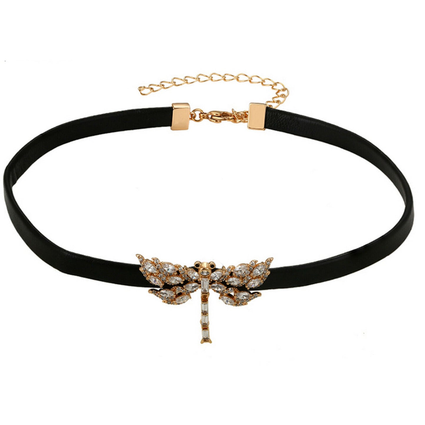 Necklaces - 18K Gold Plated. Dragonfly Choker Collar Necklace. Black cord with Lobster Clasp