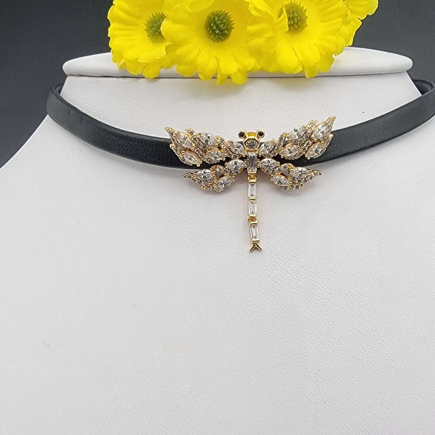 Necklaces - 18K Gold Plated. Dragonfly Choker Collar Necklace. Black cord with Lobster Clasp