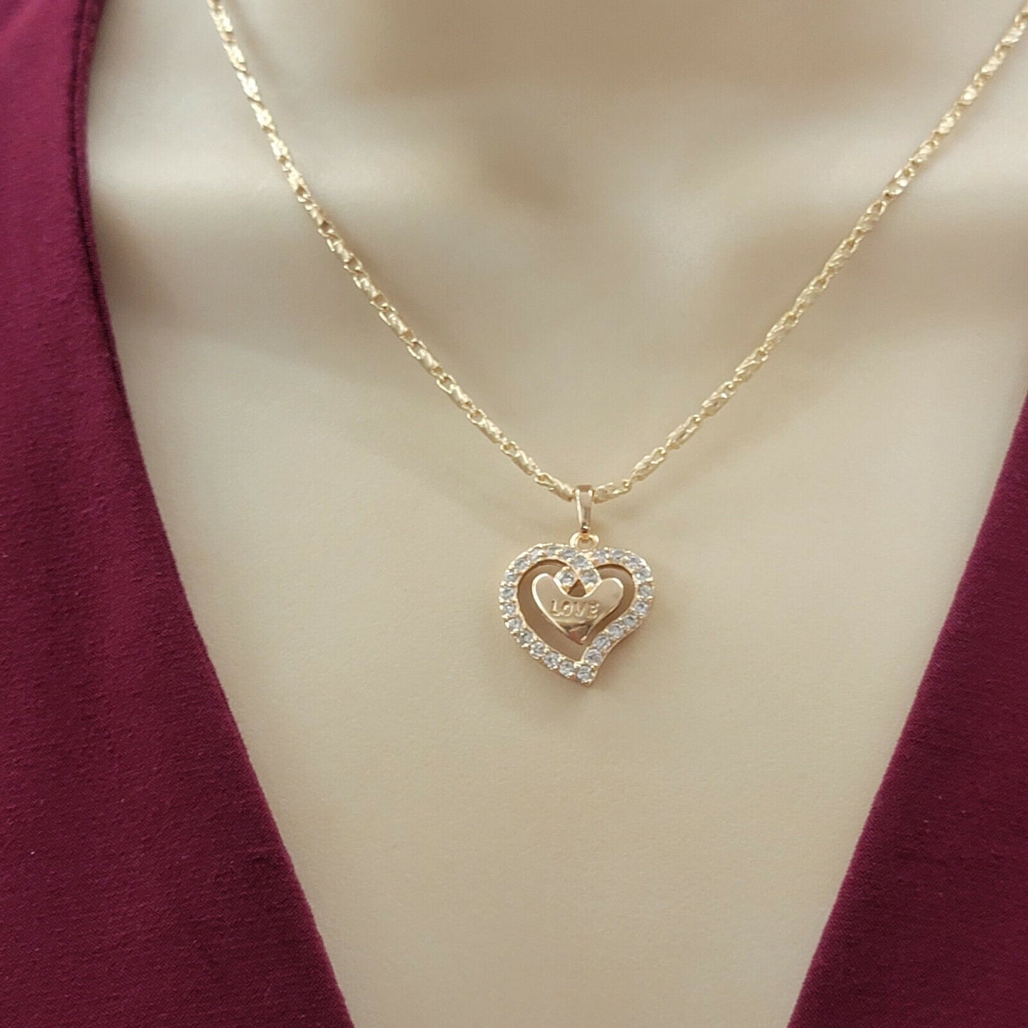 Necklaces - 18K Gold Plated. CZ Heart LOVE letters Pendant & Chain.