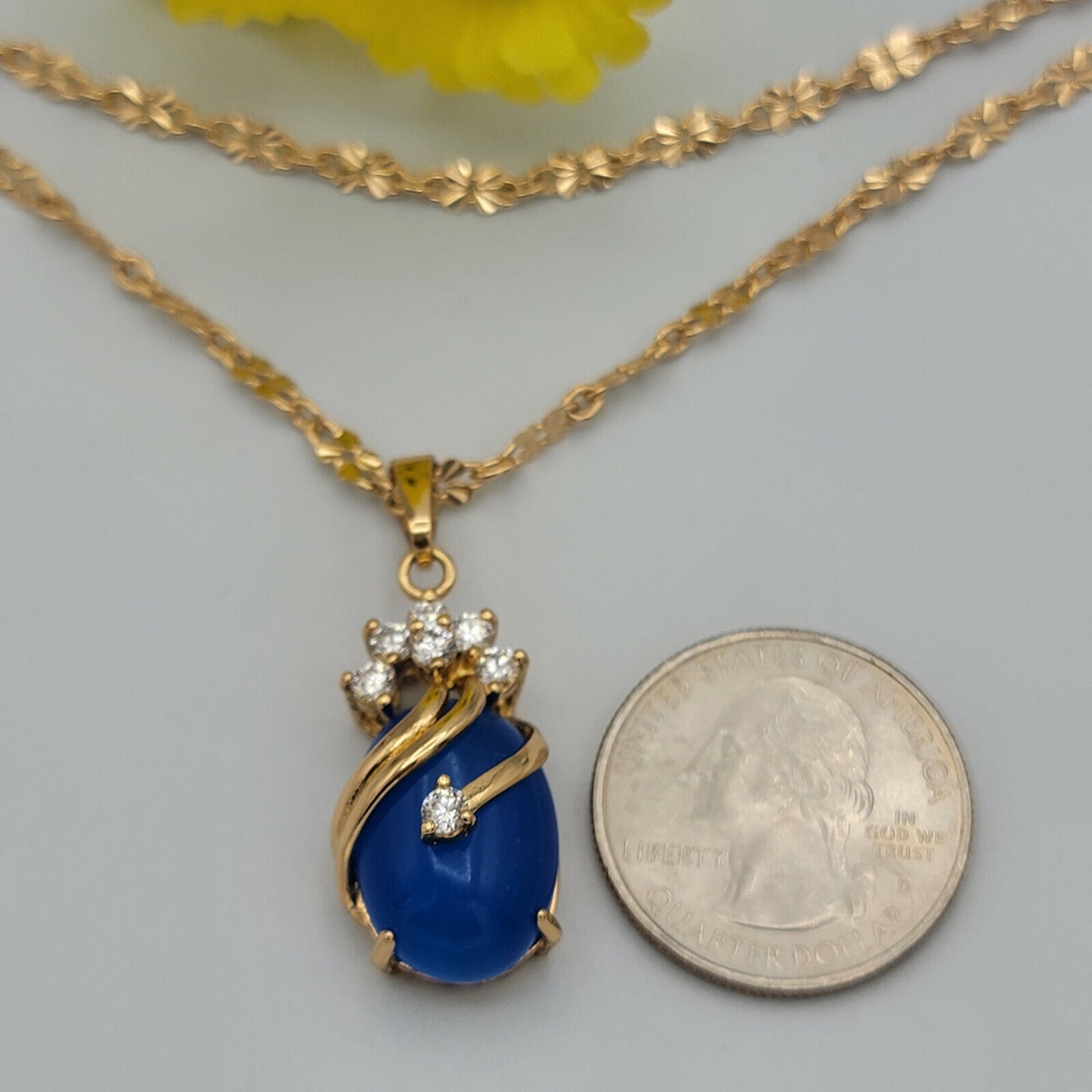 Necklaces - 18K Gold Plated. Blue Crystal Drop Pendant & Chain.