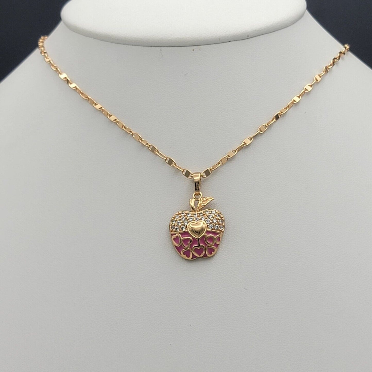 Necklaces - 18K Gold Plated. Hearts Pink Apple Pendant & Chain.