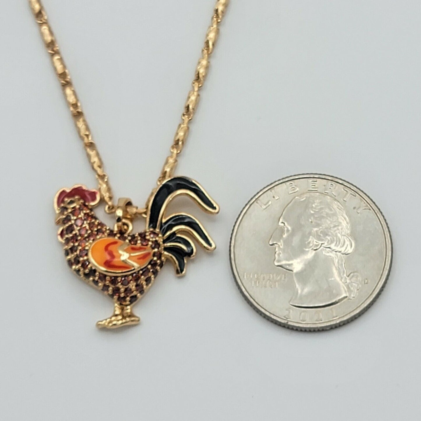 Necklaces - 18k Gold Plated. Multicolor CZ Rooster Pendant & Chain.