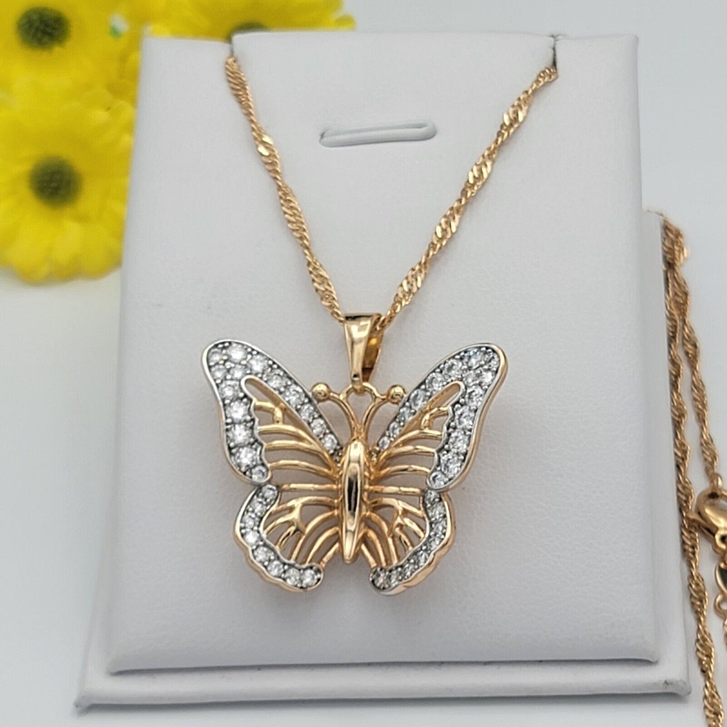 Necklaces - 18K Gold Plated. Clear Crystals Flying Butterfly Pendant & Chain.