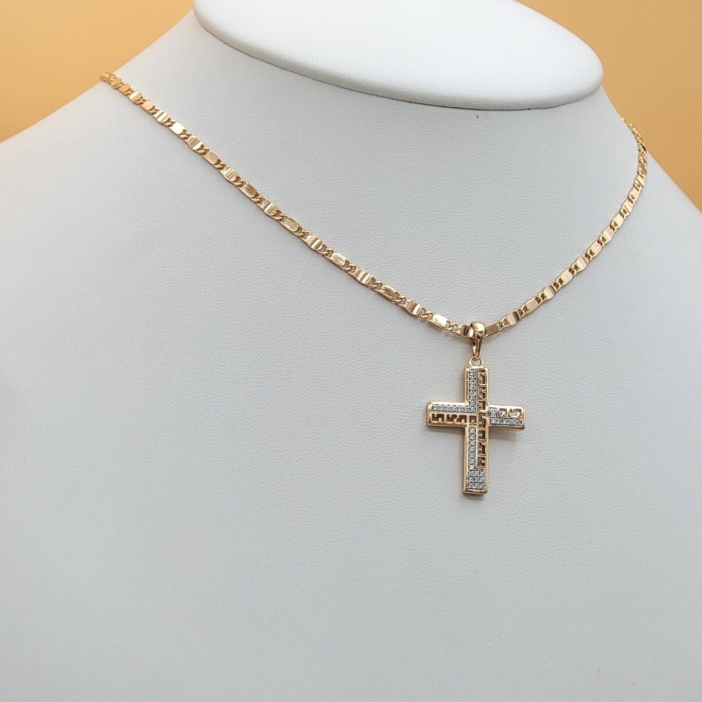 Necklaces - 18K Gold Plated. Crucifix Cross Jesus Christ Pendant & Chain. Greek Deco
