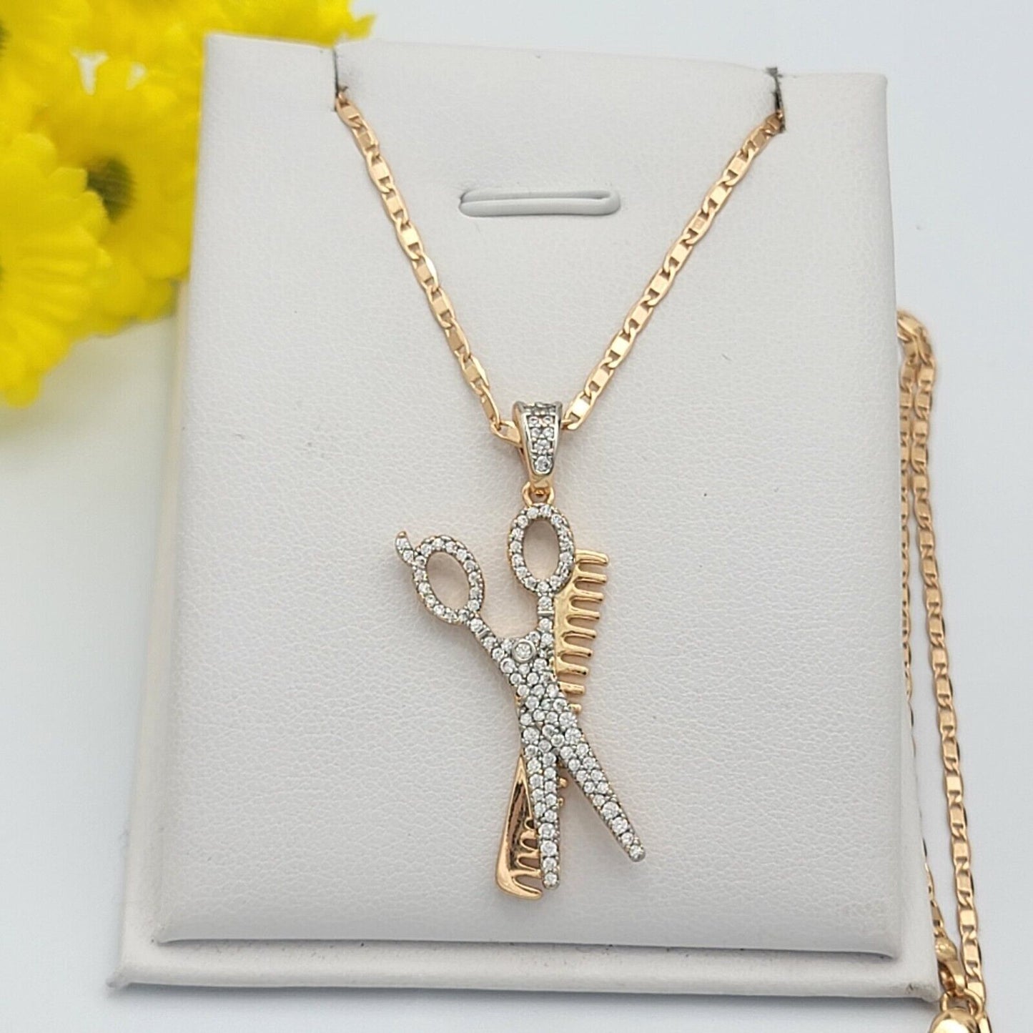 Necklaces - 18K Gold Plated. Barber Shop Scissors Comb Pendant & Chain.