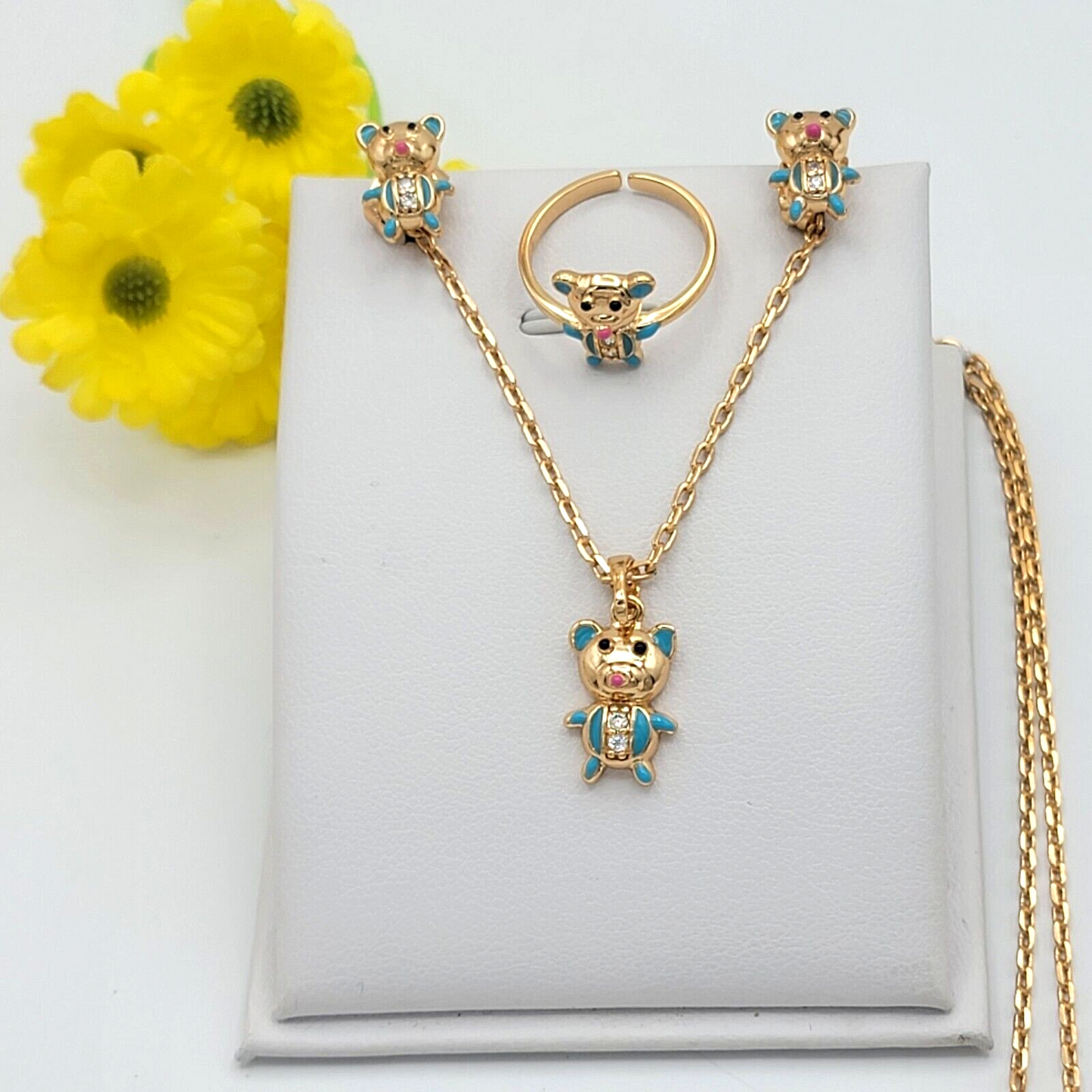 Sets - 18K Gold Plated. Blue Bear Teddy Necklace - Earrings - Ring Set. For Kids. Girls