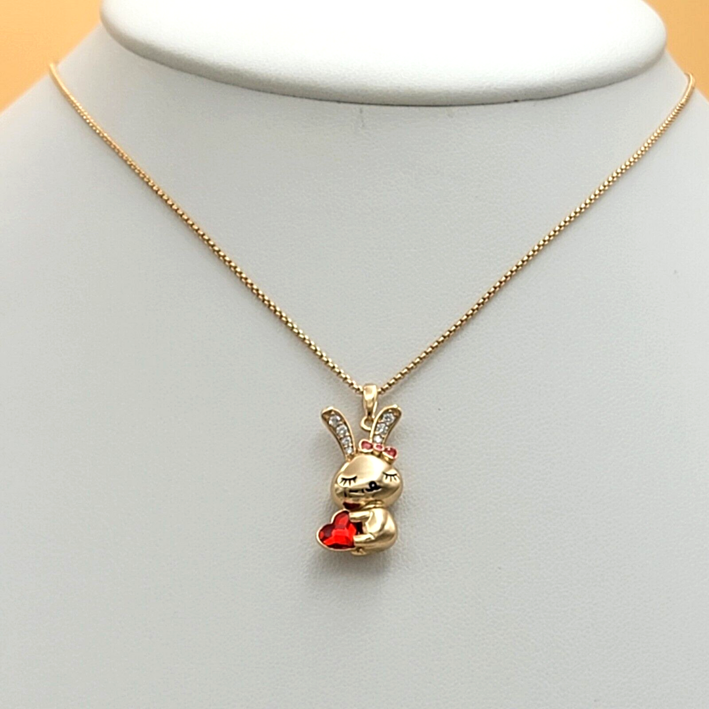 Necklaces - 18K Gold Plated. Rabbit Bunny Pendant & Chain - Red Heart Crystal Bow
