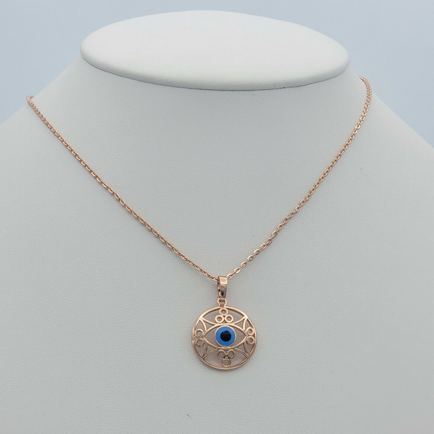 Necklaces - Rose Gold Plated. Blue Eye Pendant & Chain.