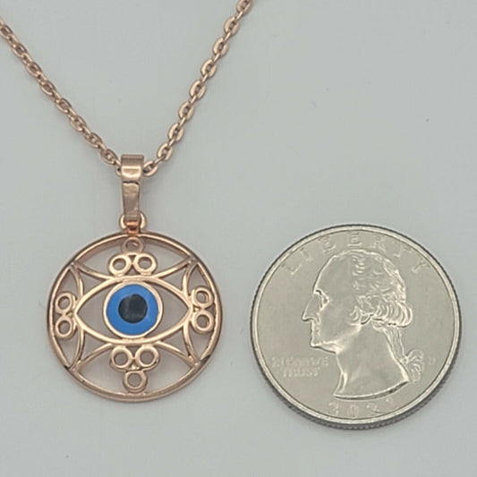Necklaces - Rose Gold Plated. Blue Eye Pendant & Chain.