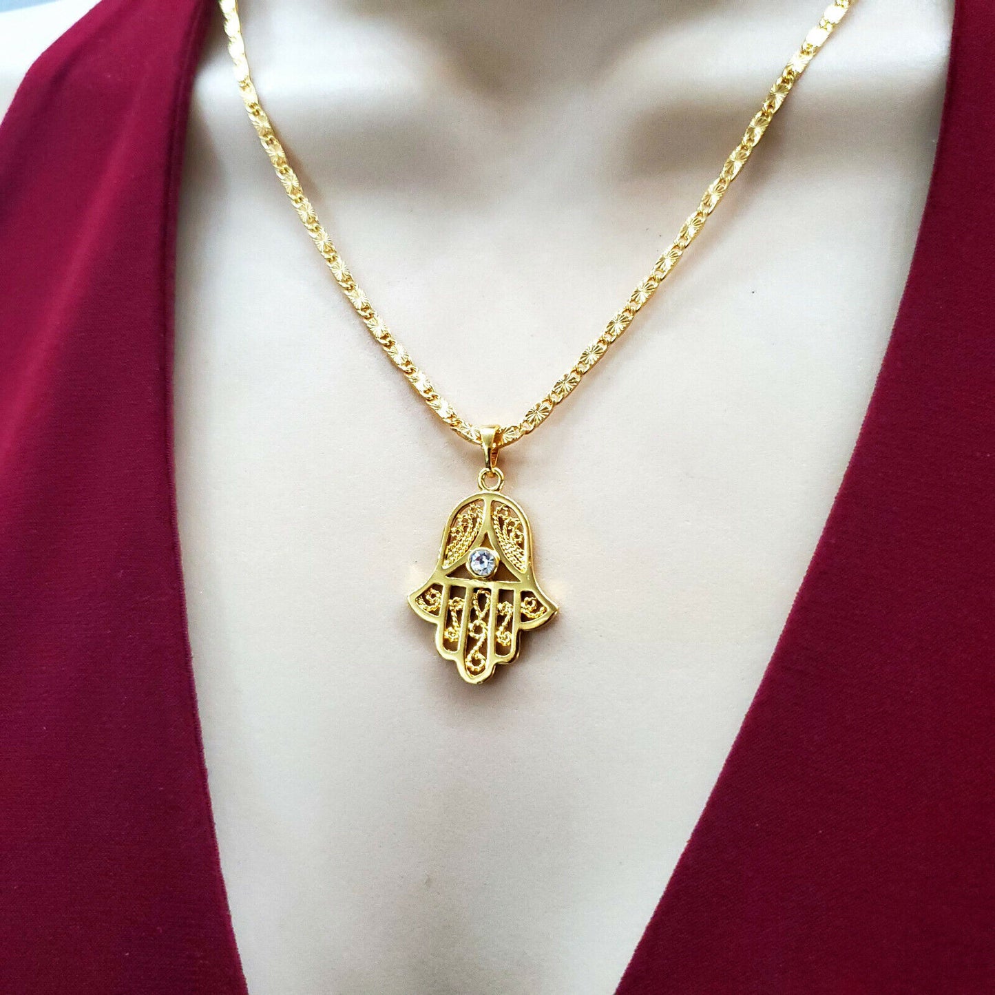 Necklaces - 24K Gold Plated. Fashion Hamsa Hand withEye Pendant & Chain.